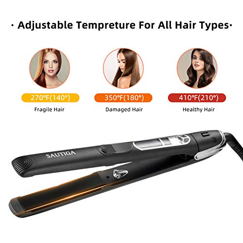 Sautiga alisador de cabelo Ferro plano, chapado para estilo de cabelo, exibição digital, tensão dupla, rápida até 450 ℉, 1 '' placas