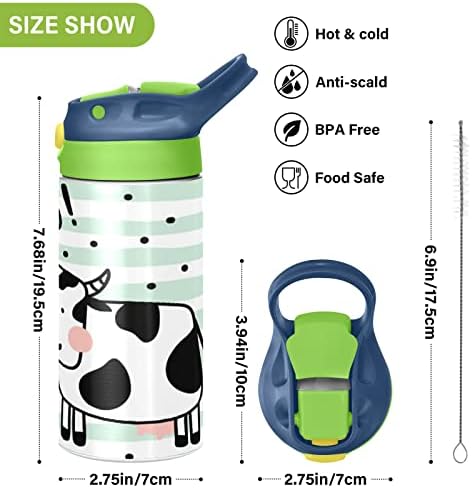 Kigai Cute Cow Kids Water Bottle com tampa de palha, BPA Free e 12 onças de aço inoxidável a vácuo Flask isolado de vazamento