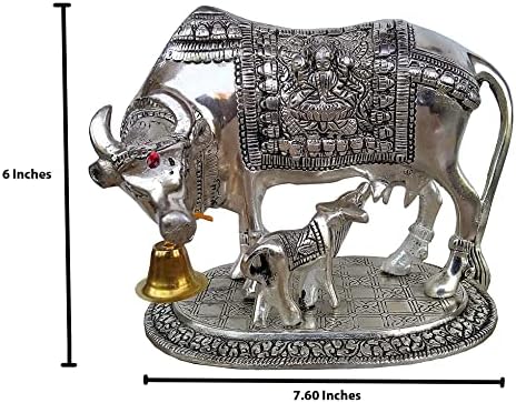 Rastogi artesanato artesanal de metal naturalmente prata kamdhanu vaca bezerro grande tamanho 19x15x13 cm símbolo do amor da mãe