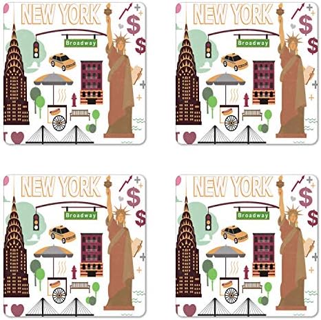 Conjunto de montanha -russa lunarável de Nova York de 4, arranjo de estilo de desenho animado de elementos da Apple Big Sign Wall Street Lady Liberty, montanhas -russas quadradas quadradas, tamanho padrão, multicolor