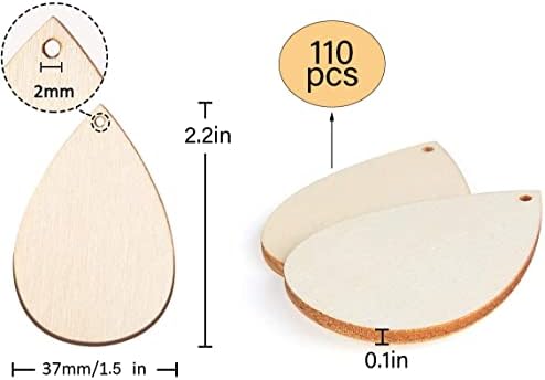 Joyavo 110 peças inacabadas em madeira, brinco de lágrima com buraco, pingente leve de madeira para decoração de Natal de jóias e fabricação de artesanato DIY, 2,2 x 1,5 polegadas