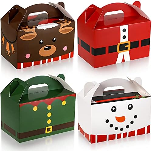 Caixas de tratamento de Natal, 24 peças Plaid Santa Elf Snowman Elk Gingerbread Xmas Cardboard apresenta caixas de biscoitos com alças, festas de festas de férias
