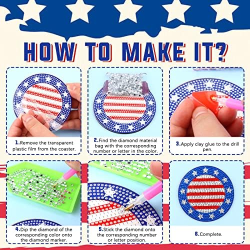 8 PCs Diamond Painting Coasters com titular Independência Dia American Diamond Painting Coasts Kits para adultos e crianças,