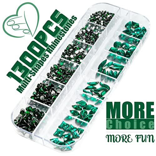 qiipii 1300pcs stromstones de unhas verdes 60 Multi -formas strass em verde esmeralda para unhas unhas planas big big