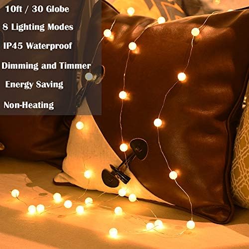 Luzes de corda globo, luzes de led de led de bola de cristal quentes brancos, 10 pés 30 LED Grandhome Fairy Lights Operou a água à prova d'água, 8 modos com controle remoto, para casamento de quarto de quarto externo interno…