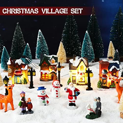 31 PCs Christmas Village Figuras Decoration Conjunto LED LED Casas de Natal com estatuetas e rolo de cobertor de neve para os ornamentos