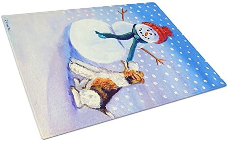 Tesouros de Caroline 7156lcb boneco de neve com tábua de corte de vidro Fox Terrier grande e decorativo Corte de vidro e porção Placa de corte de tamanho grande, tábua,