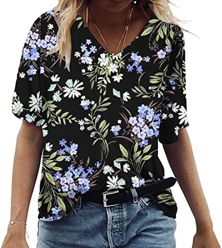 Camiseta da blusa para meninas de manga curta 2023 algodão V Gráfico floral Floral Fit Fit Grande tamanho relaxado Fit Lounge