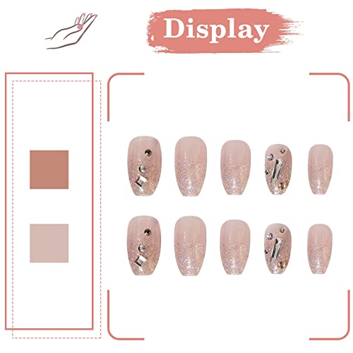 24pcs Pressione as unhas de comprimento médio 3d strassões caixões unhas falsas bailarina brilhante bling acrílico tampa cheia bastão de unhas falsas unhas dicas francesas com design para mulheres e meninas