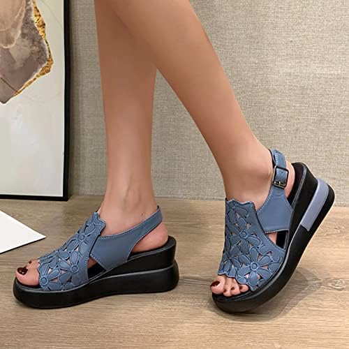 Plataforma de verão feminina sandálias de salto de cunha confortável sandálias de couro espreitam as cunhas de sandália preta para mulheres