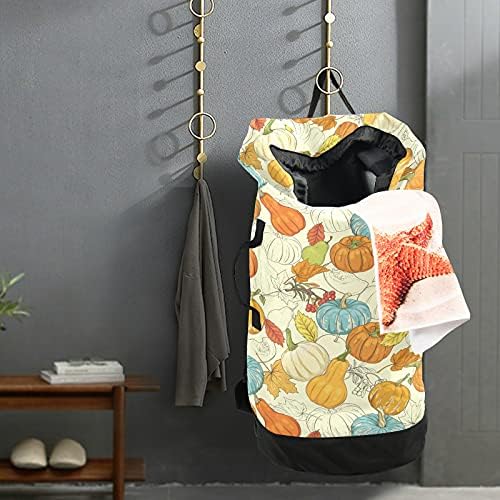 Pumpkins Folhas de outono Bolsa de lavanderia pesada Mochila de roupa pesada com alças de ombro Handles Travel Saco de lavanderia Fechamento de batedeira Dirty Clothes Organizador de roupas para lavander