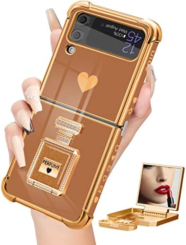 Buleens para Z Caixa Z Flip 4 Com Metal Perfume Bottle Mirror Stand, Casos de coração feminino para mulheres fofas para Galaxy Z Flip 4 Case, elegante capa de telefone de luxo para Samsung Z Flip 4 Case 6.7 '' preto