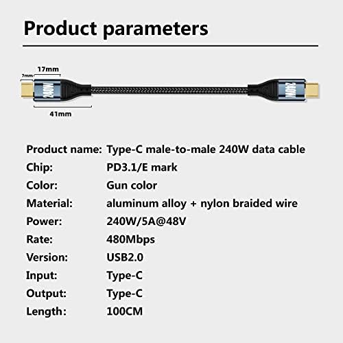 Yangtao 240W USB 2 PD3.1USB C TO CABO DE USB C PARA O CUVENTE DE LAPTOPS TIPO C DOCKING USB 2 Cabo de 3,3 pés 480 Mbps Transferência