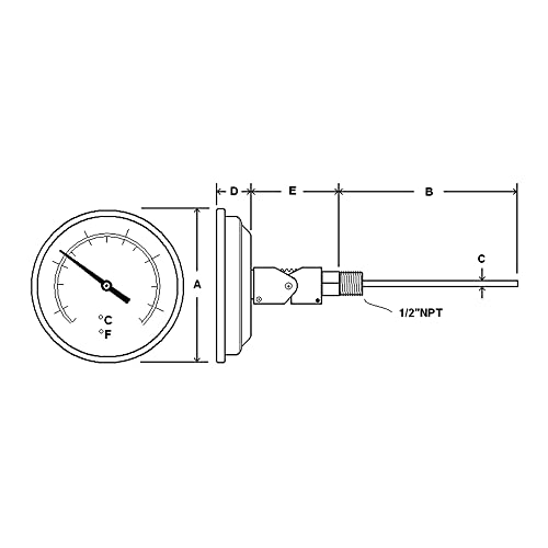 PIC Bedage B3B4-U Tamanho do mostrador de 3 ”, 100/600 ° F, comprimento do caule de 4, conexão com ângulo traseiro,