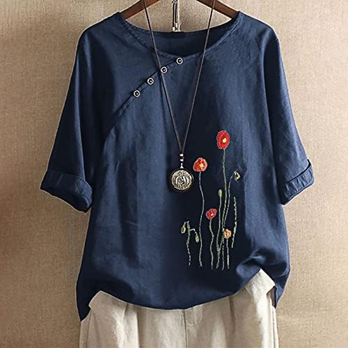 Caminhadas de linho de algodão feminino Tops de verão Camisa de túnica vintage Floral camisetas de deco
