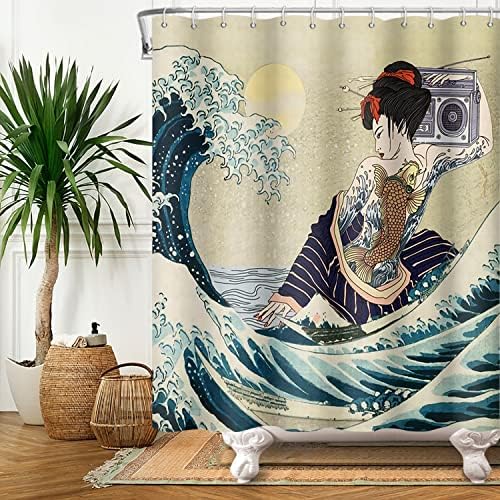 Cortina de chuveiro náutico do oceano vintage da Crtpod, cortina de chuveiro de onda kanagawa japonesa com ganchos