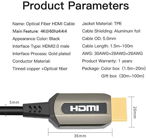 Jeirdus 165ft AOC HDMI Cabo de fibra óptica Ultra HDR HDMI2.0B 18 Gbps, suporta 4K60Hz Arc HDR10 HDCP2.2, Visão Dolby, velocidade