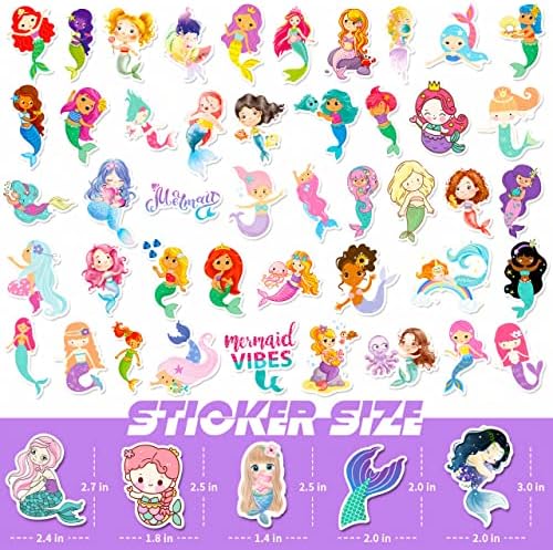 Pikeet 100pcs adesivos fofos de sereia para crianças, 100pcs Kawaii Mermaid adesivo, decalque impermeável em vinil para garrafas