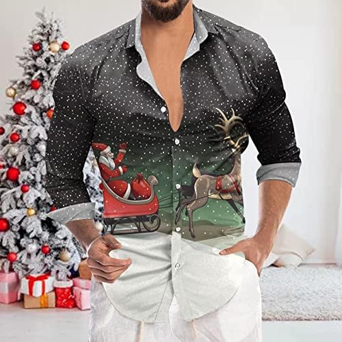 GDJGTA MONS Fashion Casual Christmas Digital 3D Impressão Botão de lapela de férias Camisa de manga comprida camiseta de gola alta masculina