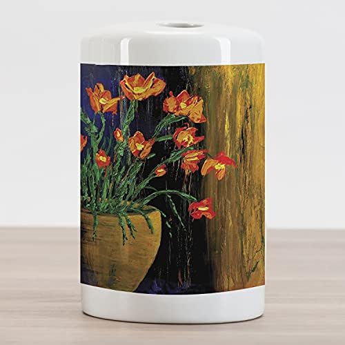 Suporte da escova de dentes cerâmica de Flower Ambesonne, composição de pintura a óleo com design de vaso botânico intemperizado, bancada