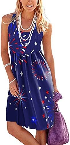 4º de julho Vestido de praia de verão casual para mulheres bandeira americana boho vestido sem mangas bolas de vestido de vestido