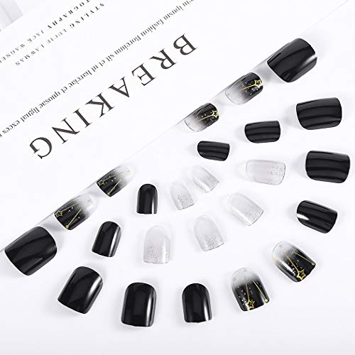 Fairyu Pressione Short On Nails Black Squage Fake Acades Capa completa unhas falsas pregos de acrílico brilhante Acessórios de arte para mulheres e meninas 24pcs