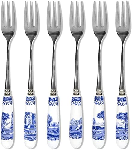Spode Blue Italian Collection Pastry Forks, conjunto de seis, garfo de aço inoxidável, alça de porcelana, salada de 6 polegadas,