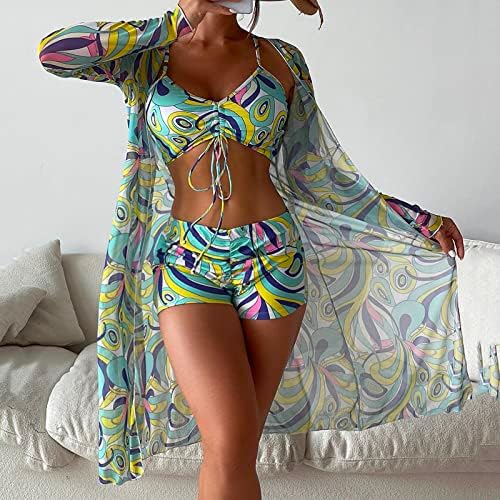 Mulheres de maiô de maiô Smocked Bathing Suits Duas peças Boho Tie Tye Boy Boy Tankini Conjuntos Kimono Cardigan Coverning Up Duster