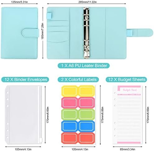 Dzmilnaire A6 Binder, envelopes em dinheiro com notebook de couro com zíper PU Envelope 12 PCS Folhas de dinheiro 20 adesivos para adesivos de conta, planejador de dinheiro, rastreador de despesas, azul