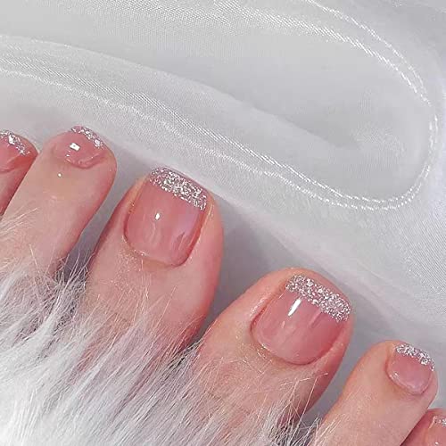 Glitter Pink Pressione as unhas dos pés franceses Francês de dedos de dedo do dedo do dedo do dedo do dedo do dedo prateado Design