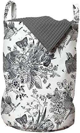Bolsa de lavanderia floral de Ambesonne, gravação detalhada Look Spring Sketch Flowers Butterfly Folhas estampas, cesto de cesto com alças Fechamento de cordão para lavanderia, 13 x 19, cinza e branco