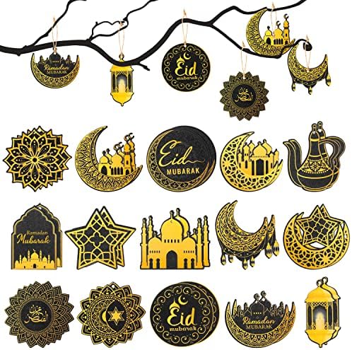 Haooryx 31pcs Eid Mubarak Decorações penduradas Ramadã Mubarak Ornamentos de madeira Ramadã Kareem Moon Star forma de madeira