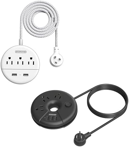 Pacote de plugue plano de tira de potência NTONOWER, 3 pontos de venda 2 tira de alimentação trançada USB com cordão de 5 pés e 3 pontos de venda 3 tira de energia USB com cordão de 10 pés de comprimento, plugue de ângulo reto para escritório, casa