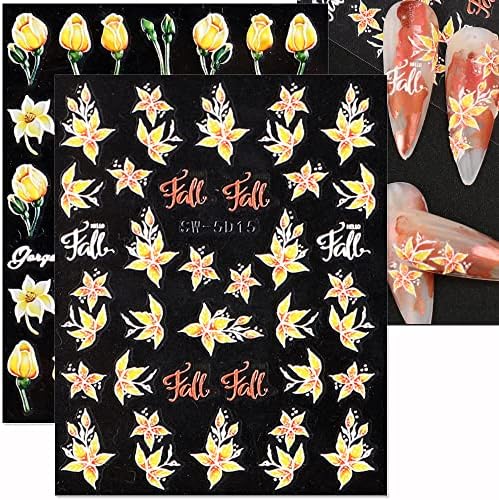 Autumn Flowers Unhas Adesivos, Decalques de unhas de flor em 5D Tulipas Girassol Daisy Fall Unh Nail Art Starters Autadensivos Blossom Floral adesivos para acessórios de unhas Mulheres suprimentos de unhas, 6 lençóis/conjunto