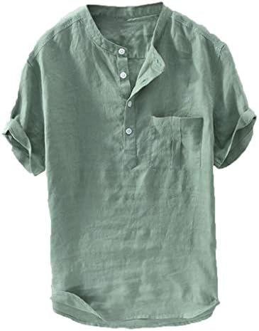Top para linho de algodão masculino 3/4 de manga camiseta sólida camiseta dianteira camisa de bolso de bolso de colarinho foltar de suporte de colarinho M-3xl