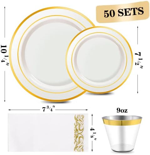Roupa de jantar de ouro de 350 peças para 50 convidados, placas de plástico descartáveis ​​para a festa, incluem: 50 pratos