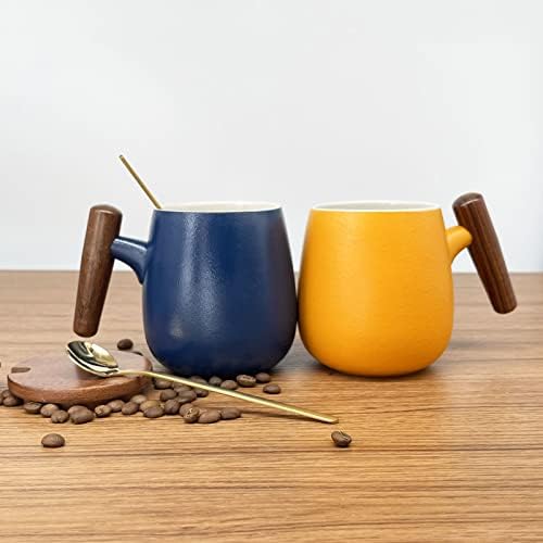 Caneca de chá de café cerâmica de 16 onças Benkaim, xícara de chá de leite de porcelana grande com maçaneta de madeira de madeira aço inoxidável para escritório e casa, ideia de presente exclusiva