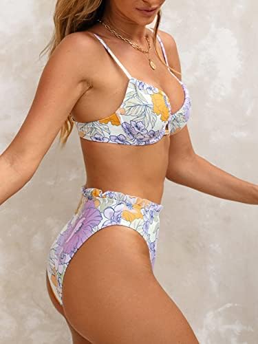 Cupshe Women Swimsuit Bikini Set Duas peças de maiô de gola alta com aranha floral com arruel