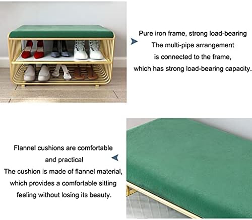 Bench Rack de sapato Weimingshop com almofada macia, rack de sapato de metal dourado de duas camadas, prateleira de armazenamento de sapatos empilháveis, prateleira de sapatos de armazenamento, organizador de calçados de quarto, para sala de estar verde