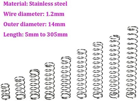 As molas de compressão são adequadas para a maioria dos reparos I Diâmetro do fio de 1,2 mm de aço inoxidável compressão Diâmetro externo da mola de 14 mm comprimento da mola de 5 mm-305mm