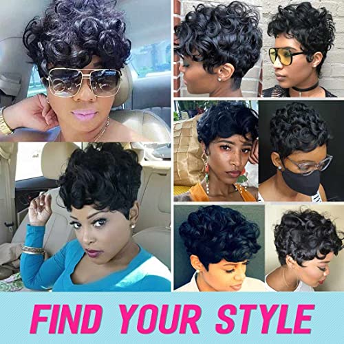 Flandi Pixie Cut Wigs para mulheres negras Pixie Curly Pixie Black Wigs com franja curta perucas sintéticas perucas
