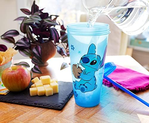 Disney Lilo & Stitch Cool Coconut Collageing Platpl Travel Tumbler | Inclui palha reutilizável e tampa resistente a vazamentos | Detém 24 onças