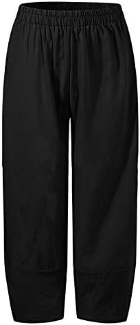 Calças de linho de badhub mulheres calças de verão de cor sólida casual com bolsos confortáveis ​​cintura elástica solta calça