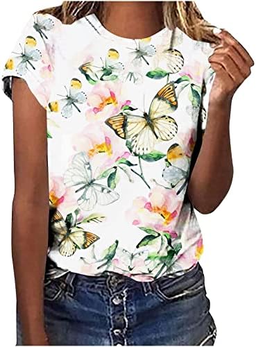 2023 curto 1/2 manga de cofre de algodão Butterfly Floral Graphic Basic Top camiseta para mulheres camiseta casual nd