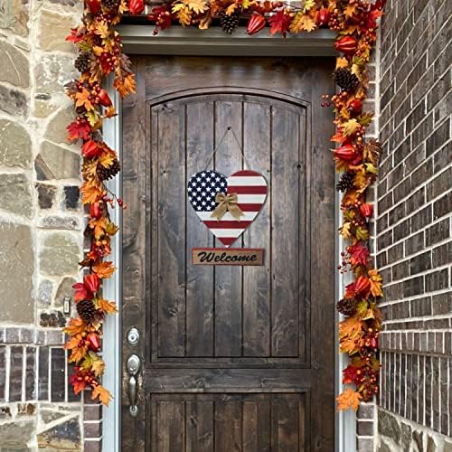 Gaplum pendurado no coração de madeira com sinal de boas -vindas decoração de parede patriótica, bandeira americana rústica American