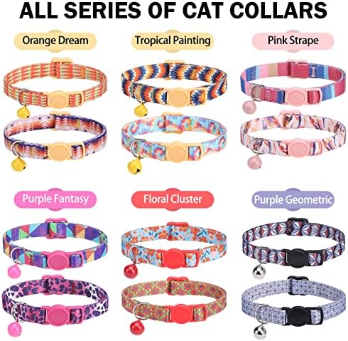 Dillybud Breakaway Cat Collars for Girl Boy Cats, Primavera verão All Weather Cat Collar Pattern Pattern 2, fivelas de segurança clássica fofas e sinos, rosa colorido de nylon impresso ajustável