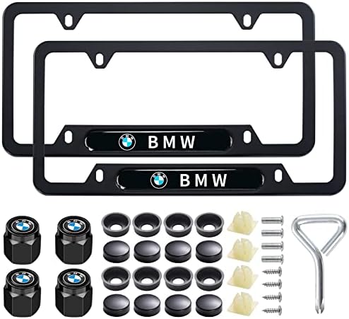 2pcs quadros de placa preta para BMW, suporte para suporte da placa de carro, tampas de placa de comprovante de liga de alumínio premium com tampas de parafuso Caps Definir acessórios de carro