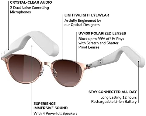 Lucyd - óculos de áudio Bluetooth - Óculos inteligentes femininos com proteção UV - ouvido aberta, microfones sem fio cancelando ruído, alto -falante de som quadrasônico, assistentes de voz compatíveis - shimmer
