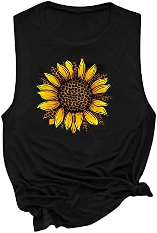Oplxuo feminino redondo de pescoço sem mangas tampas do sol das flores de estampa de flor do sol camisetas gráficas camisetas de verão soltas de verão