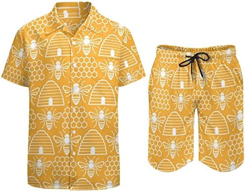 Abelhas e colméias Roupas de 2 peças masculinas para o havaiano Button Button Abaixo a manga curta e ternos de shorts